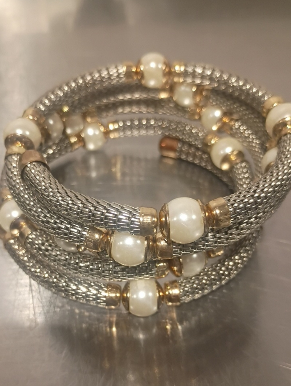 Faux Pearl Mesh Coil Silver-Tone Cuff Bracelet Gold Tone Accents